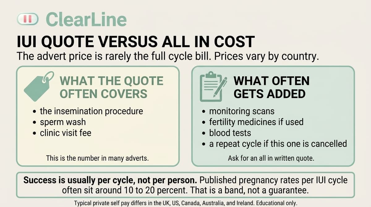 Infographic titled IUI Fee versus All In versus Outcome. Three columns: typical quoted cycle fee in native currency, extras often billed on top such as scans wash and medicines, and success named as pregnancy or live birth per cycle not per person.