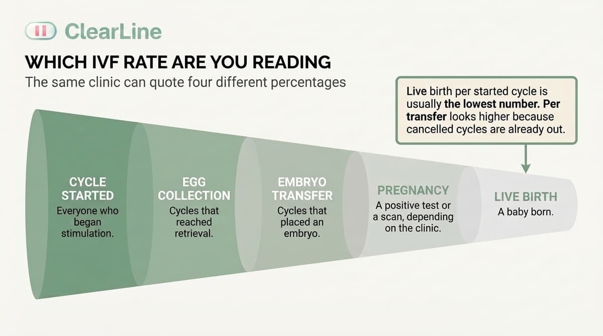 Infographic titled IVF Denominator Stack. A stack from cycle started, to egg collection, to embryo transferred, to pregnancy, to live birth, showing how the headline percent can look 20 to 40 points higher as the group shrinks. HFEA, CDC SART, ANZARD, and CARTR Plus are named as registries.