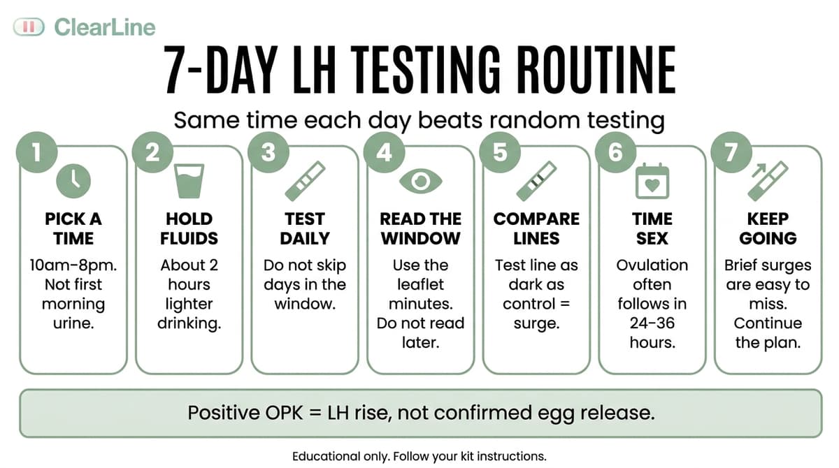 Infographic titled 7 Day LH Testing Routine. Seven steps: test between 10am and 8pm not first morning urine, reduce fluids for two hours, test daily in the window, read inside the leaflet time, treat a test line as dark as the control as a surge, time sex for the next 24 to 36 hours, and keep testing because short surges are easy to miss.