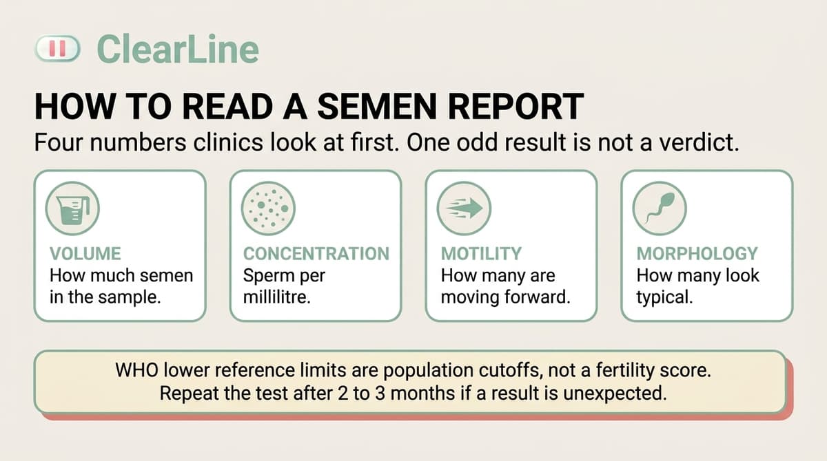 Infographic titled Semen Report Anatomy. Five lines from a semen analysis: volume 1.4 ml, concentration 16 million per ml, total count 39 million, progressive motility 30 percent, and normal forms 4 percent, labelled as WHO 6th edition lower limits.