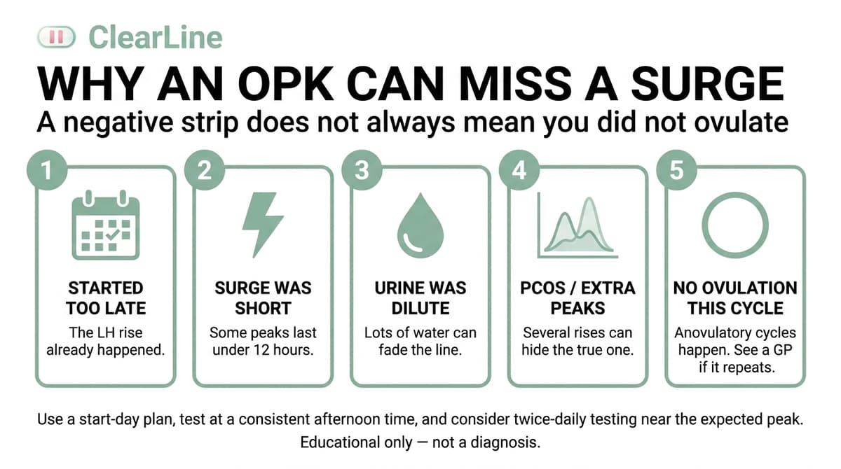 Infographic titled Why an OPK Can Miss a Surge. Five reasons a negative or faint ovulation test can be misleading: started testing too late, a surge shorter than 12 hours, diluted urine, extra LH peaks with PCOS, or an anovulatory cycle.
