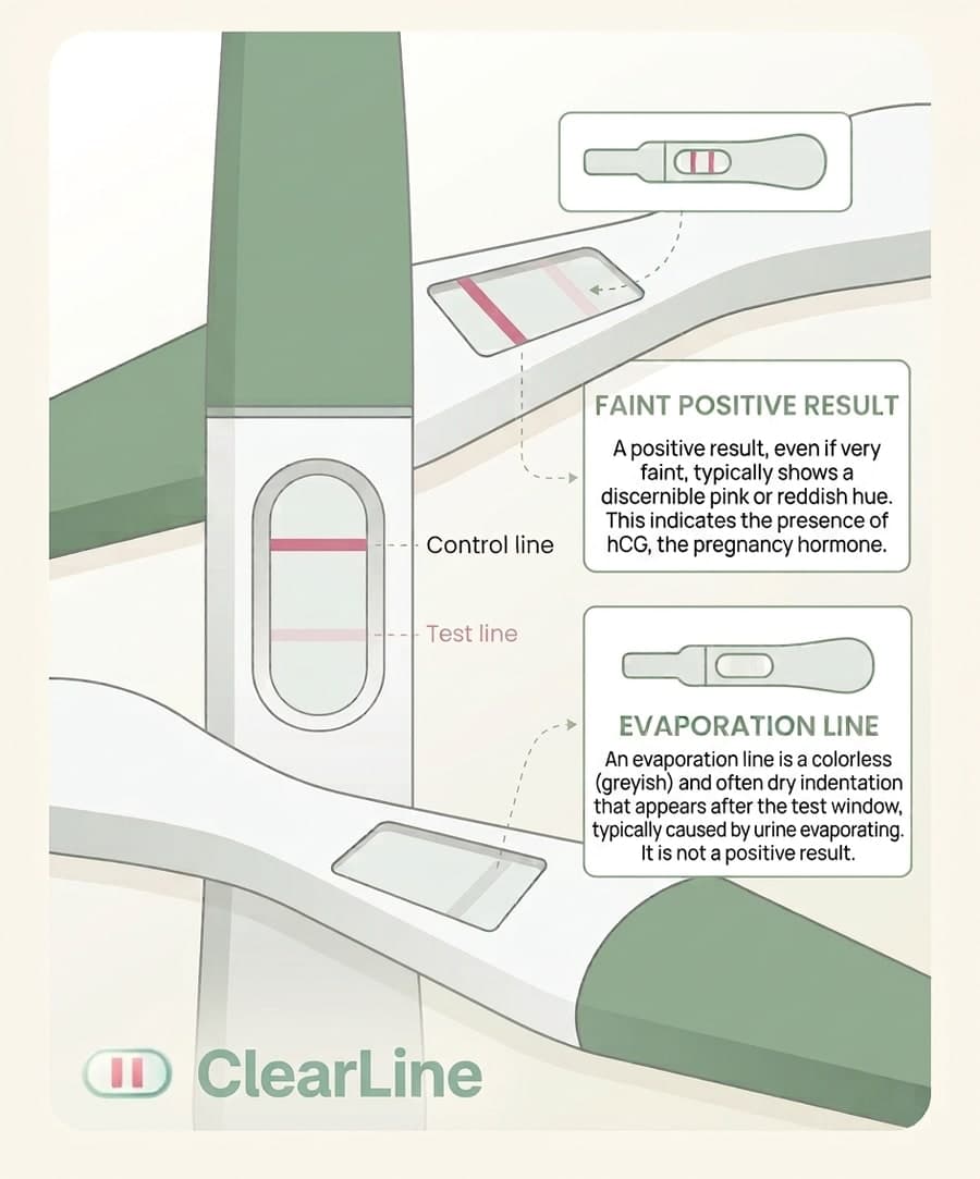 ClearLine infographic comparing a faint positive pregnancy test line with pink color indicating hCG versus a colorless grey evaporation line that is not a positive result