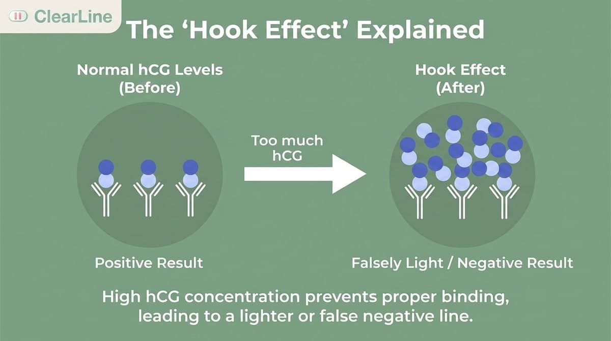 ClearLine infographic explaining the hook effect: normal hCG binding gives a positive result, while too much hCG can cause a falsely light or negative pregnancy test