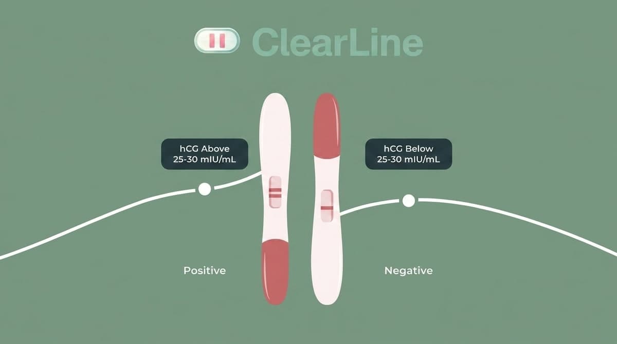 ClearLine infographic showing how pregnancy tests work: positive when hCG is above about 25 to 30 mIU/mL and negative when hCG is below that threshold