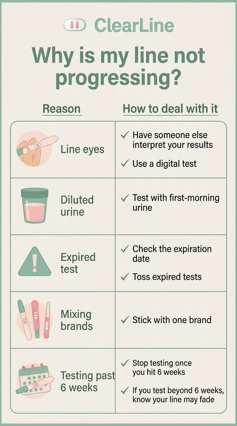 ClearLine infographic titled Why is my line not progressing, listing reasons and fixes: line eyes, diluted urine, expired test, mixing brands, and testing past 6 weeks