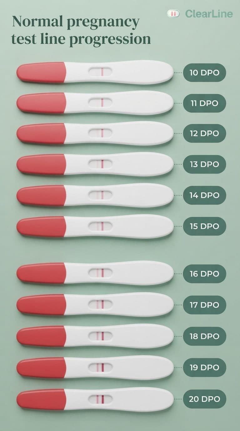 ClearLine infographic showing normal pregnancy test line progression from 10 DPO to 20 DPO, with the test line starting faint and gradually darkening as hCG rises